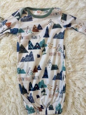 Olive, Tractor, and wilderness Knotted Baby One-Pieces, all come with hats